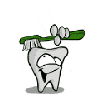 a cartoon tooth is holding a green toothbrush on its head .