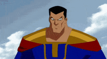 a cartoon character with a blue and gold costume with the letter u on his chest