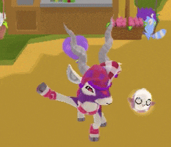 a cartoon rabbit wearing a purple hat and a purple shirt