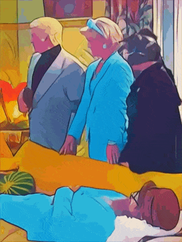 a cartoon drawing of a man laying on a bed with a woman standing behind him