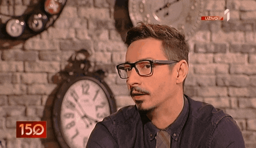a man wearing glasses and a tie is sitting in front of a clock with the number 150 on the bottom right