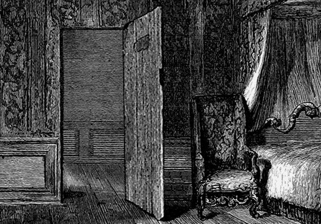 a black and white drawing of a bedroom with a canopy bed , chair and door .