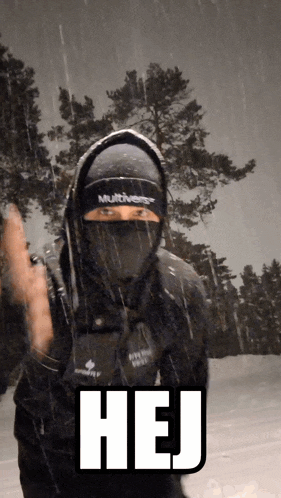 a man wearing a hooded jacket and a multiverse hat stands in the snow