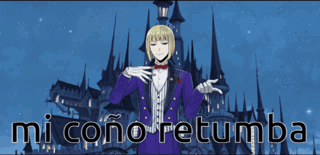 a man in a purple suit is standing in front of a castle and the words mi cono retumba
