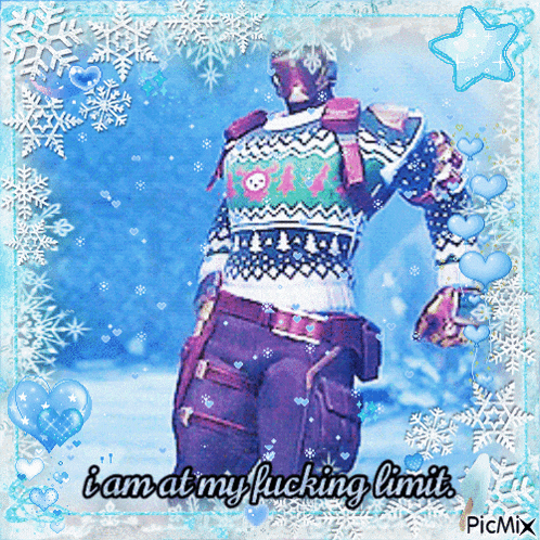 a picture of a man in a sweater with the words " i am at my fucking limit "