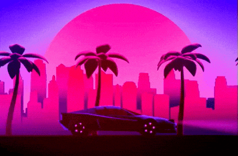 a car is driving in front of a pink sunset with palm trees