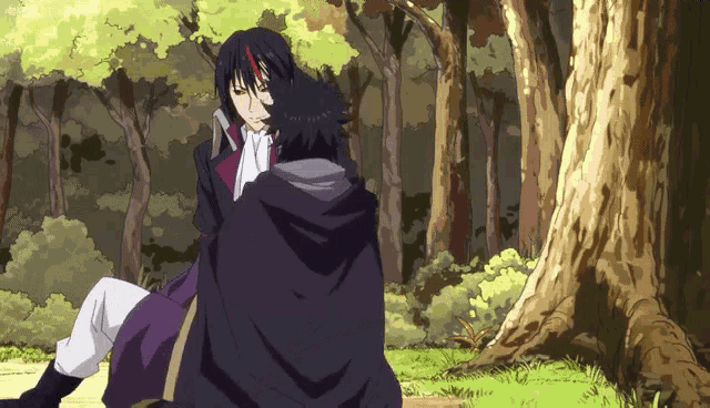a couple of anime characters sitting under a tree in a forest