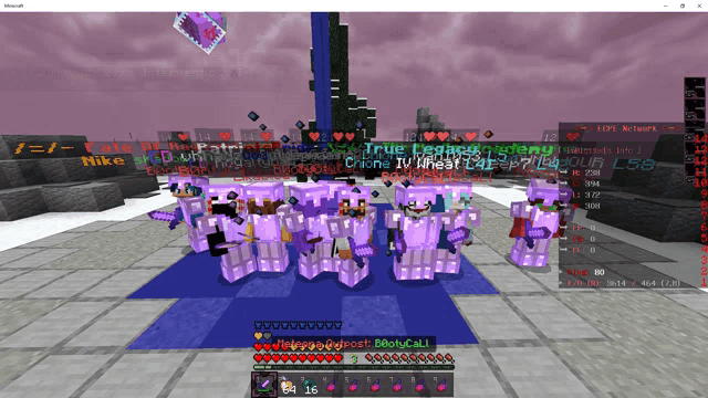 a screenshot of a minecraft game shows a group of purple characters