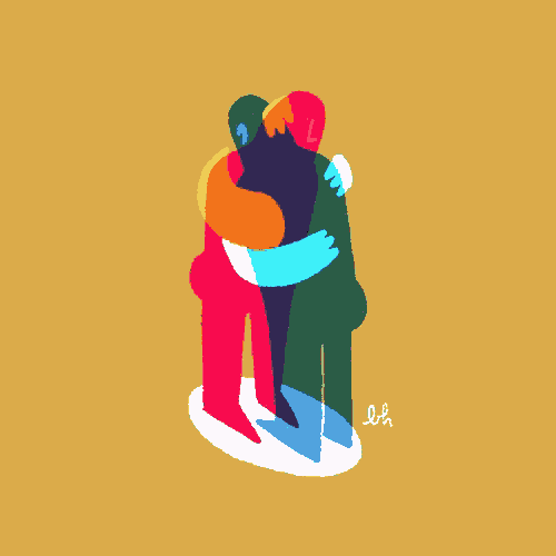 a colorful illustration of two people hugging with the letters eh on the bottom right
