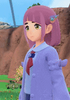 a cartoon girl with pink hair and green eyes is wearing a purple coat and tie .