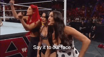 three women are standing next to each other in a wrestling ring .