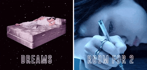 a picture of a woman sleeping next to a picture of a woman writing with the words dreams room for 2
