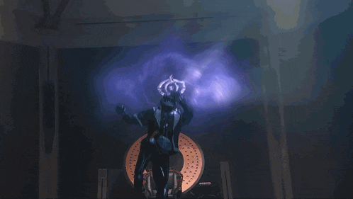 a man in a suit is standing in front of a circle with a purple light behind him