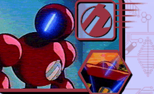 a cartoon drawing of a red robot with a blue light on its head