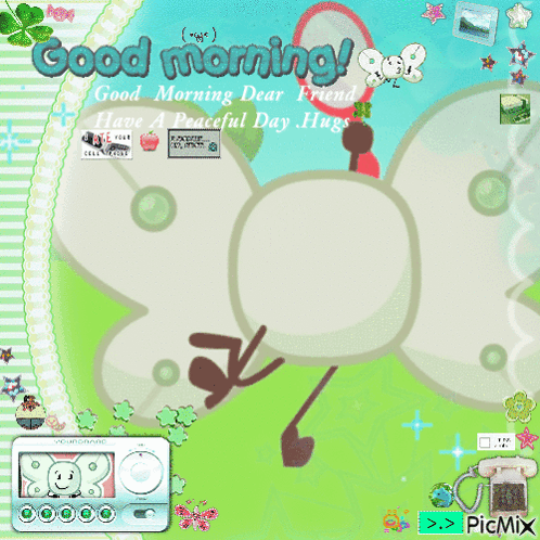 a picture of a butterfly holding a red balloon with the words good morning dear friend have a peaceful day hugs