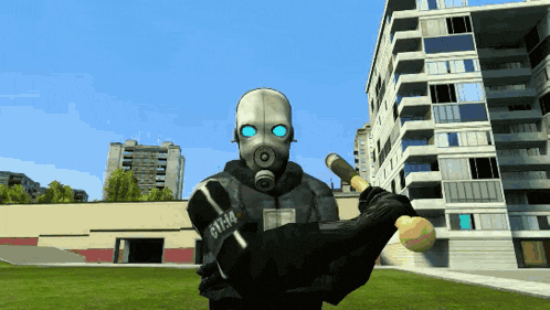 a video game character wearing a gas mask and holding a baseball bat with the number 6t14a on his arm