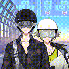 a couple of anime characters wearing helmets and goggles standing next to each other .