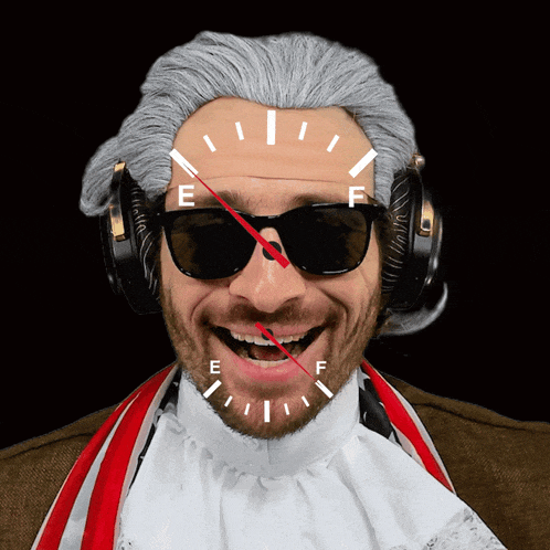 a man wearing a wig and sunglasses has a gauge on his face that says e on it