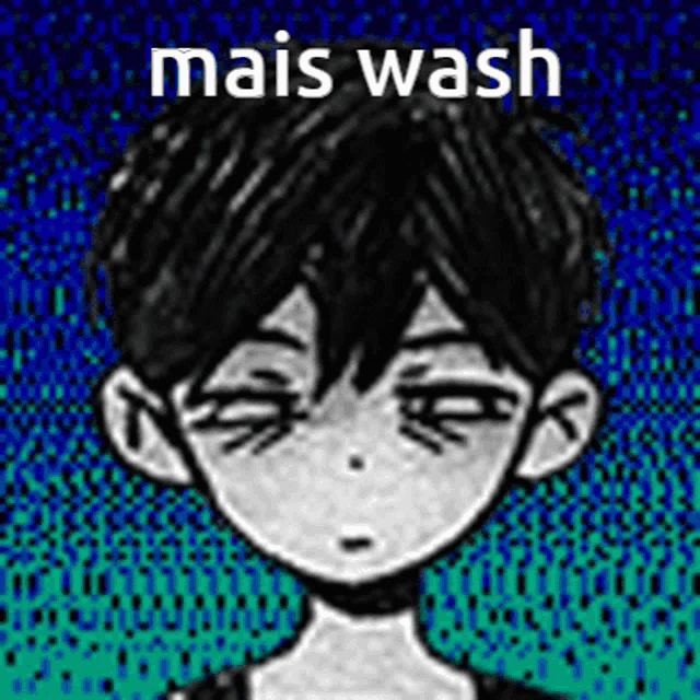 a black and white drawing of a boy with a blue background and the words `` mais wash '' .