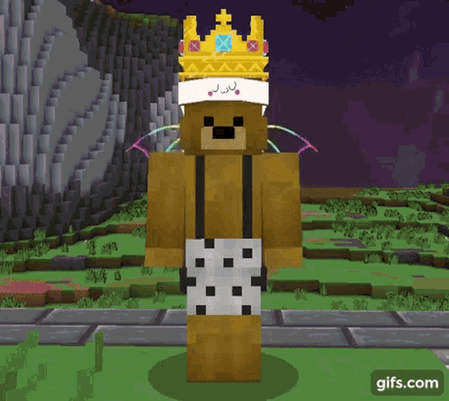 a minecraft character wearing a crown and wings is standing in a field with his arms crossed .