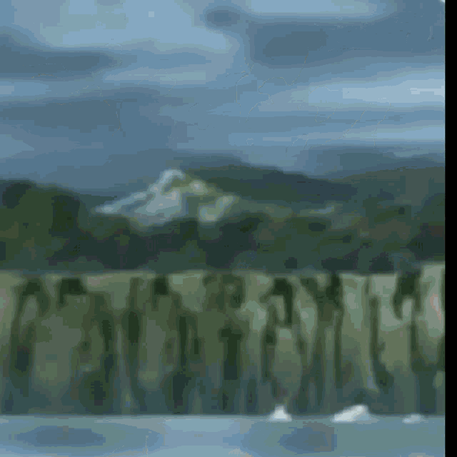 a painting of a landscape with mountains and trees in the background