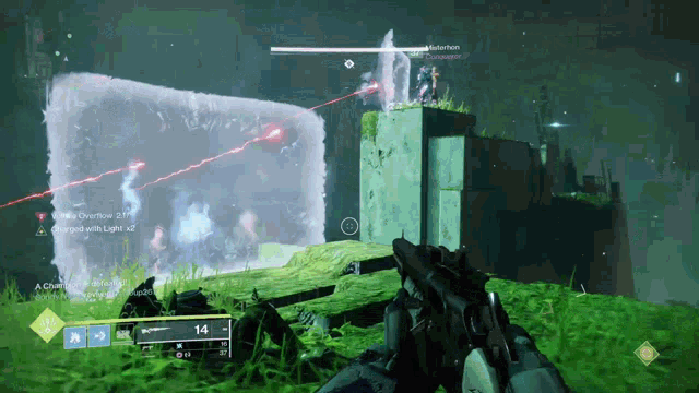 a video game is being played and a player is holding a gun with a score of 14
