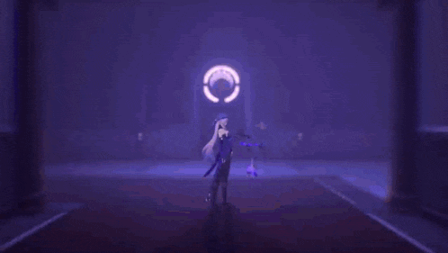 a person is standing in a dark room with a purple light coming out of them .