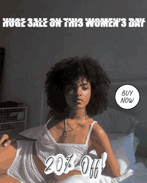a woman is laying on a bed with the words buy now above her