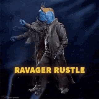 a man in a trench coat is dancing in front of a sign that says ' ser rustle ' .