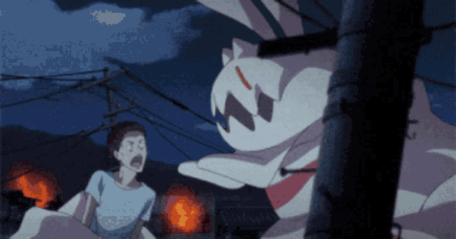 a man is screaming in front of a giant white monster