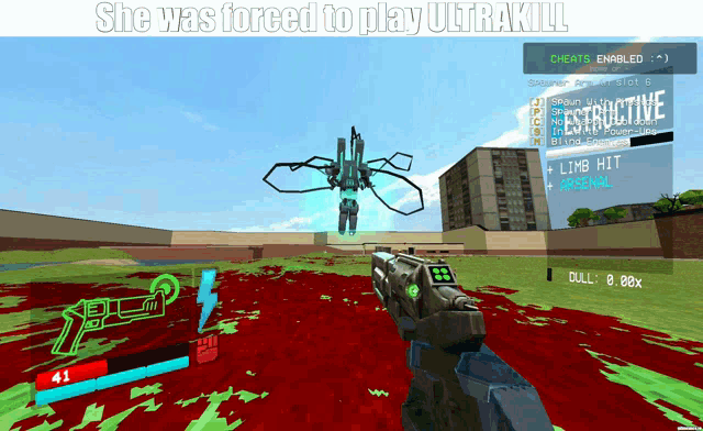 a screenshot of a video game with the words she was forced to play ultrakill at the top