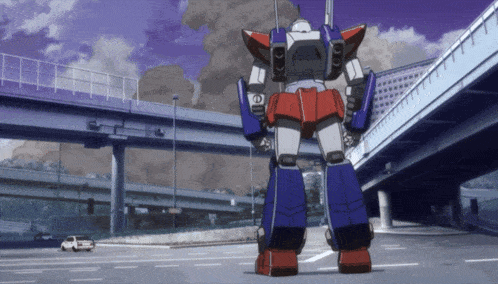 a robot is standing in the middle of a street with a purple sky in the background