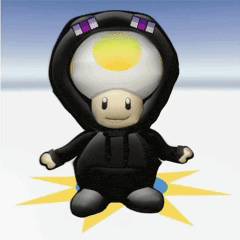 a cartoon toad wearing a black hoodie with a yellow circle on its head