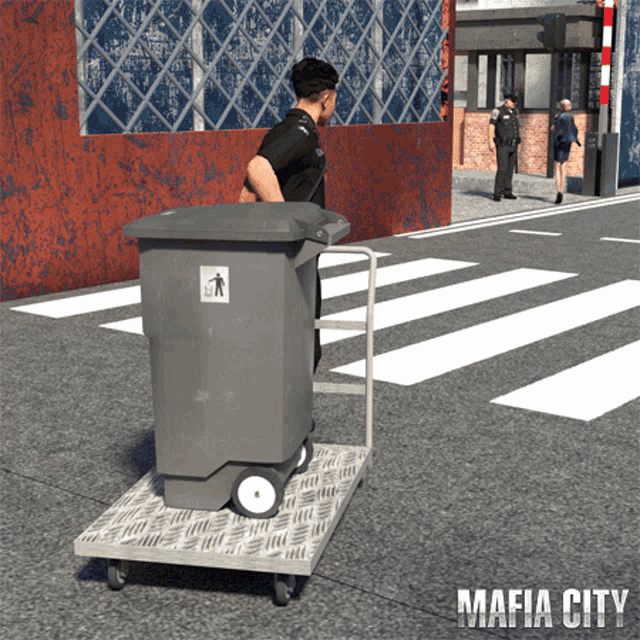 a man pushing a garbage can on a cart with the word mafia city on the bottom
