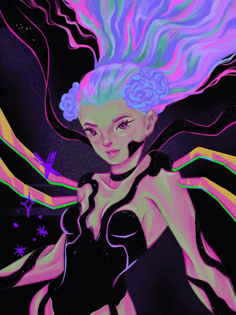 a painting of a woman with colorful hair and a black top
