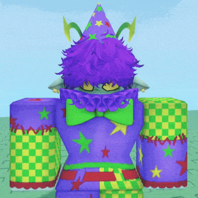 a clown with purple hair is wearing a purple hat and a green bow tie