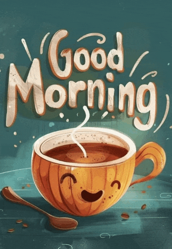 a cup of coffee with a face on it and the words good morning