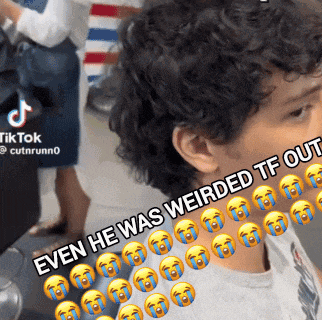 a boy with curly hair is surrounded by crying faces with the caption even he was weirded tf out
