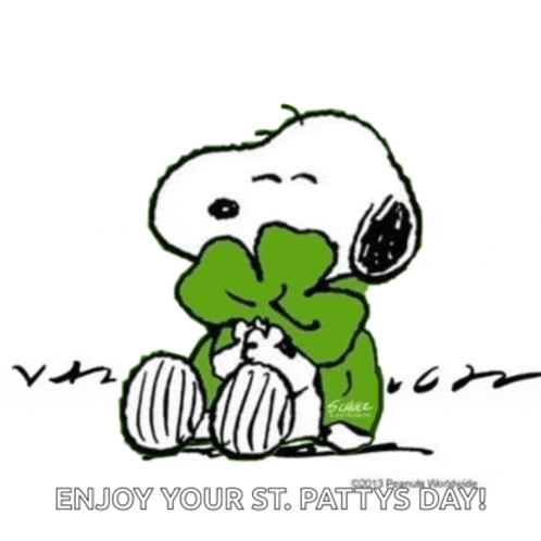 a cartoon of snoopy wearing a green bow tie says enjoy your st. patty 's day .