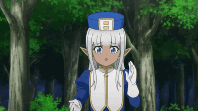 a girl with white hair and a blue hat has the letter b on her hat