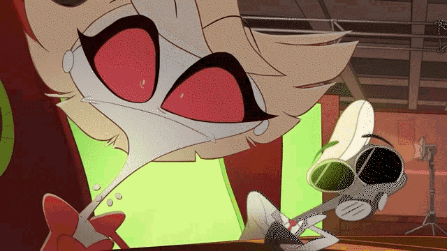 a cartoon character is wearing sunglasses and has a red eye