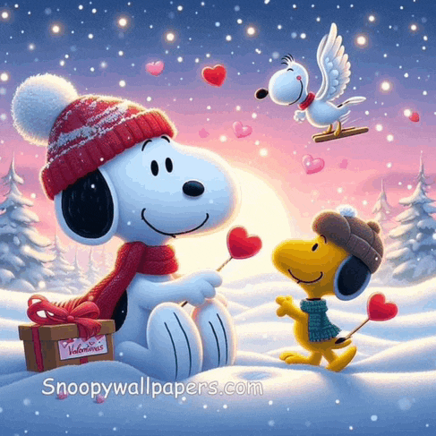a picture of snoopy and woodstock with a box that says valentines