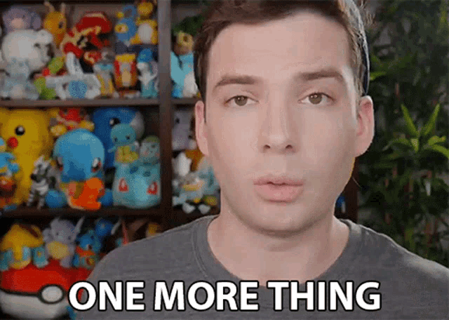 a man says " one more thing " in front of a stuffed animal display