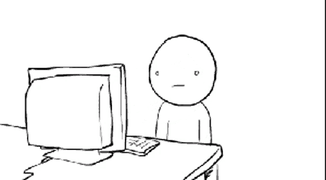 a black and white drawing of a person sitting in front of a computer and asking seriously