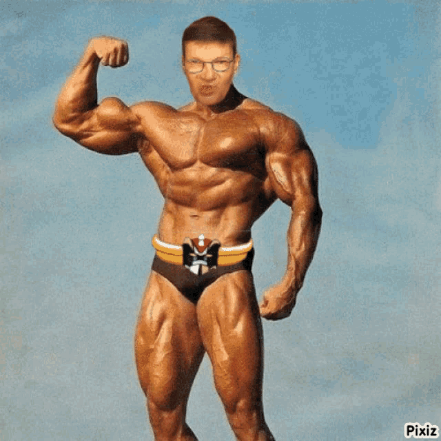 a picture of a very muscular man with glasses and a belt with a cross on it