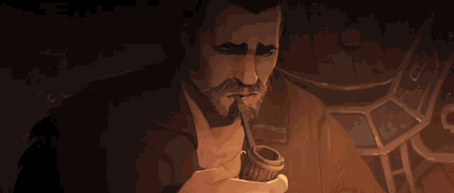 a man with a beard is smoking a pipe in front of a lit candle