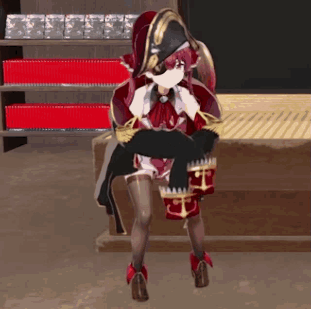 a girl in a pirate outfit is sitting on a table in front of a bookshelf