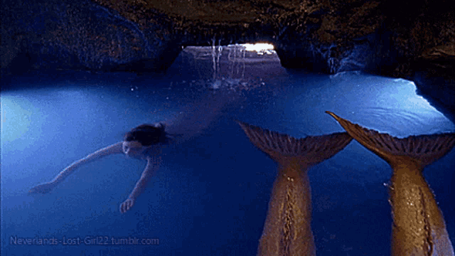 two mermaids are swimming in a pool with the website neverlands-lost-girl22.tumblr.com visible