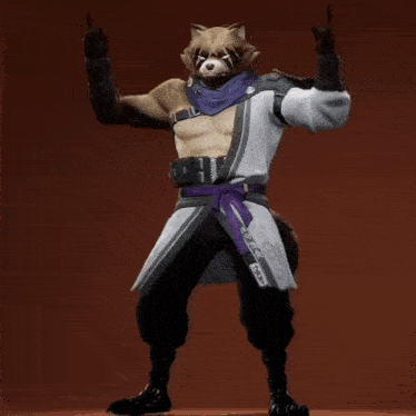 a raccoon is flexing his muscles in a video game while wearing sunglasses