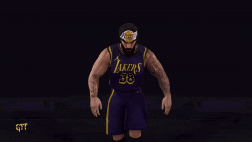 a man in a lakers jersey kneeling on the floor